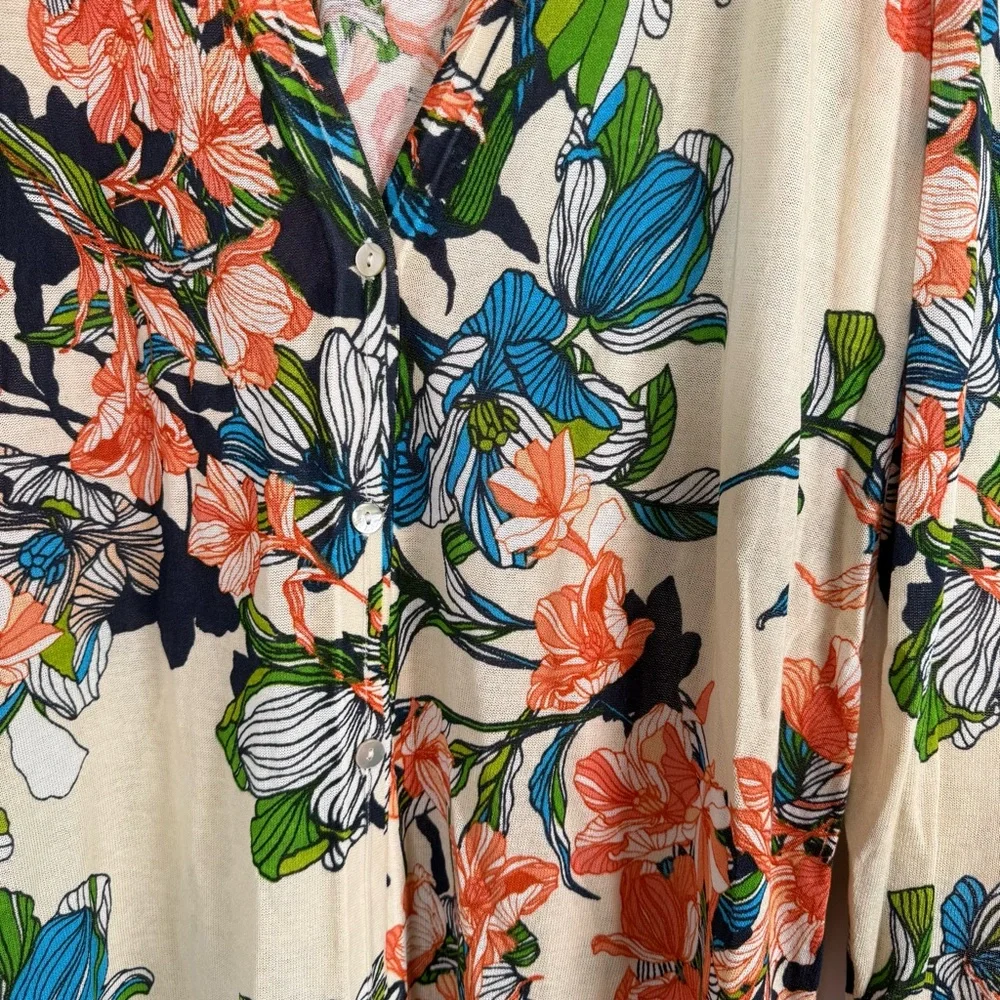Chico's‎ Colorful Vibrant Floral Print Long Line Button Up Cardigan Sweater 3 XL